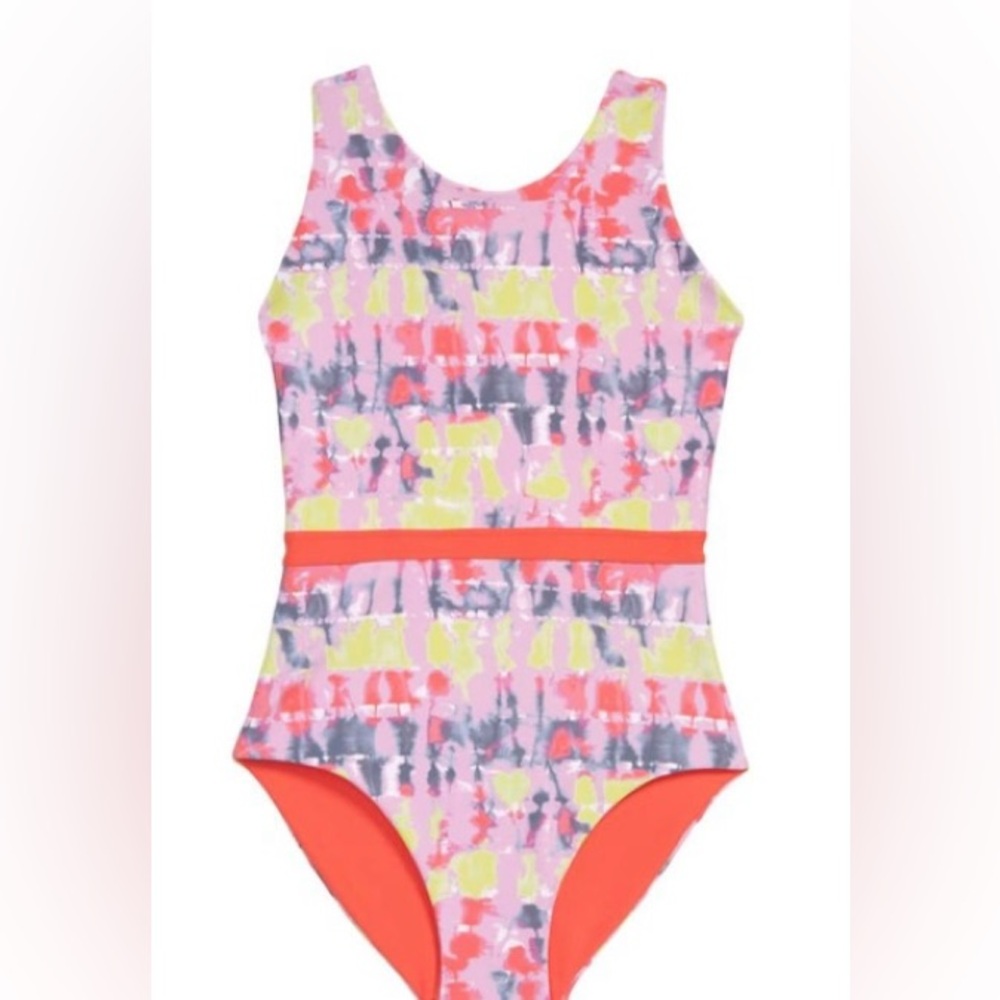 ZELLA GIRL Kids' Reversible One-piece Swimsuit Multicolor Tie-dye Sz 14